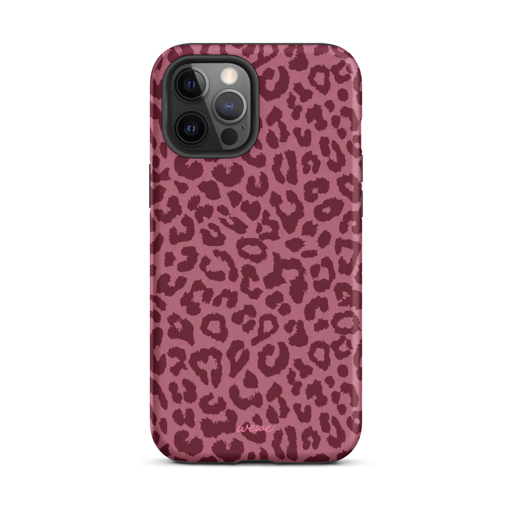 Dusty-rose iPhone case covered with deep-burgundy tonal leopard spots