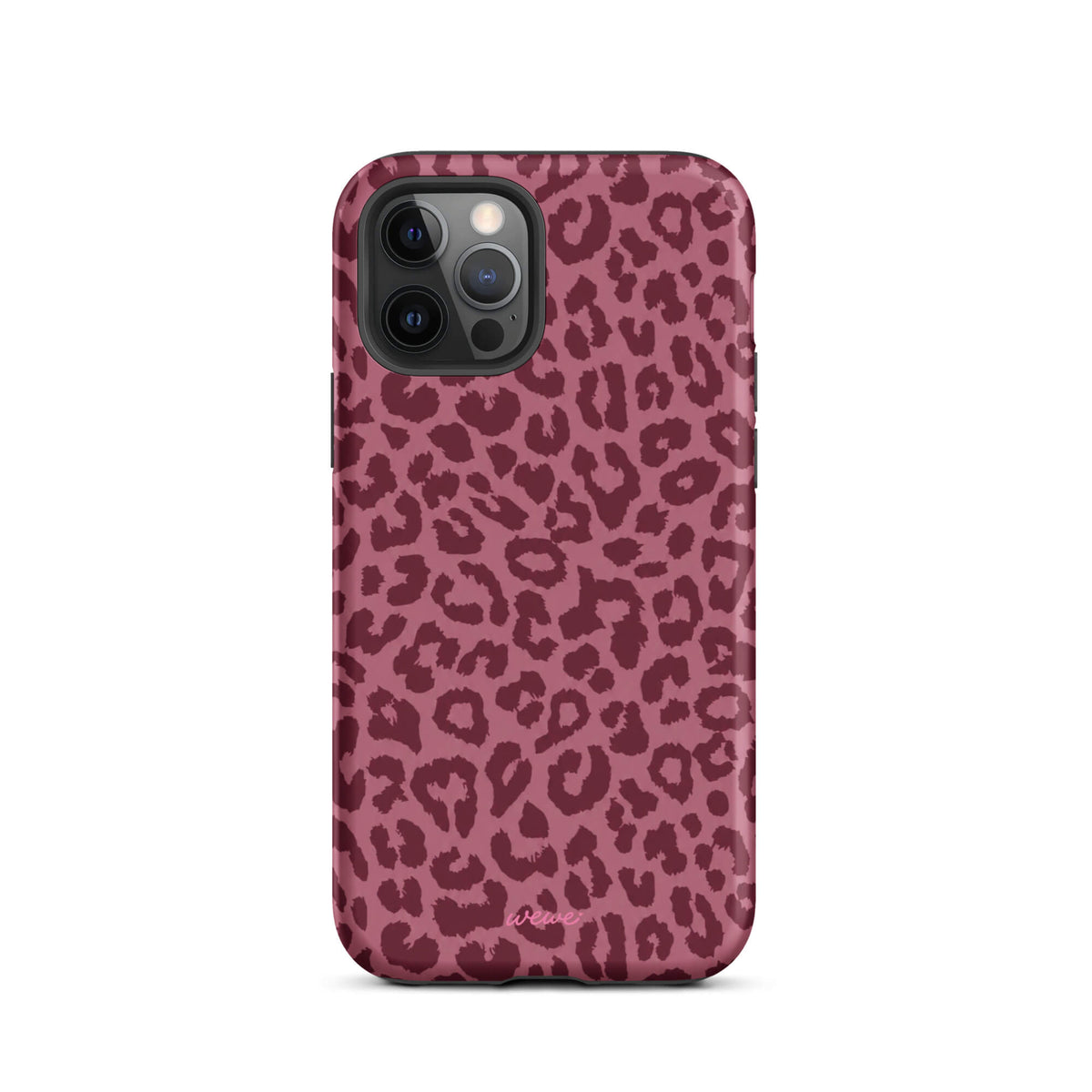 Dusty-rose iPhone case covered with deep-burgundy tonal leopard spots