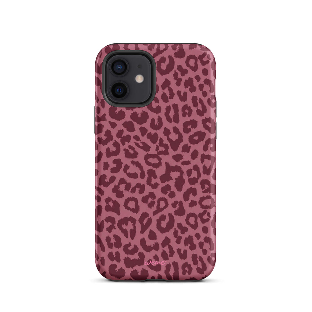 Dusty-rose iPhone case covered with deep-burgundy tonal leopard spots