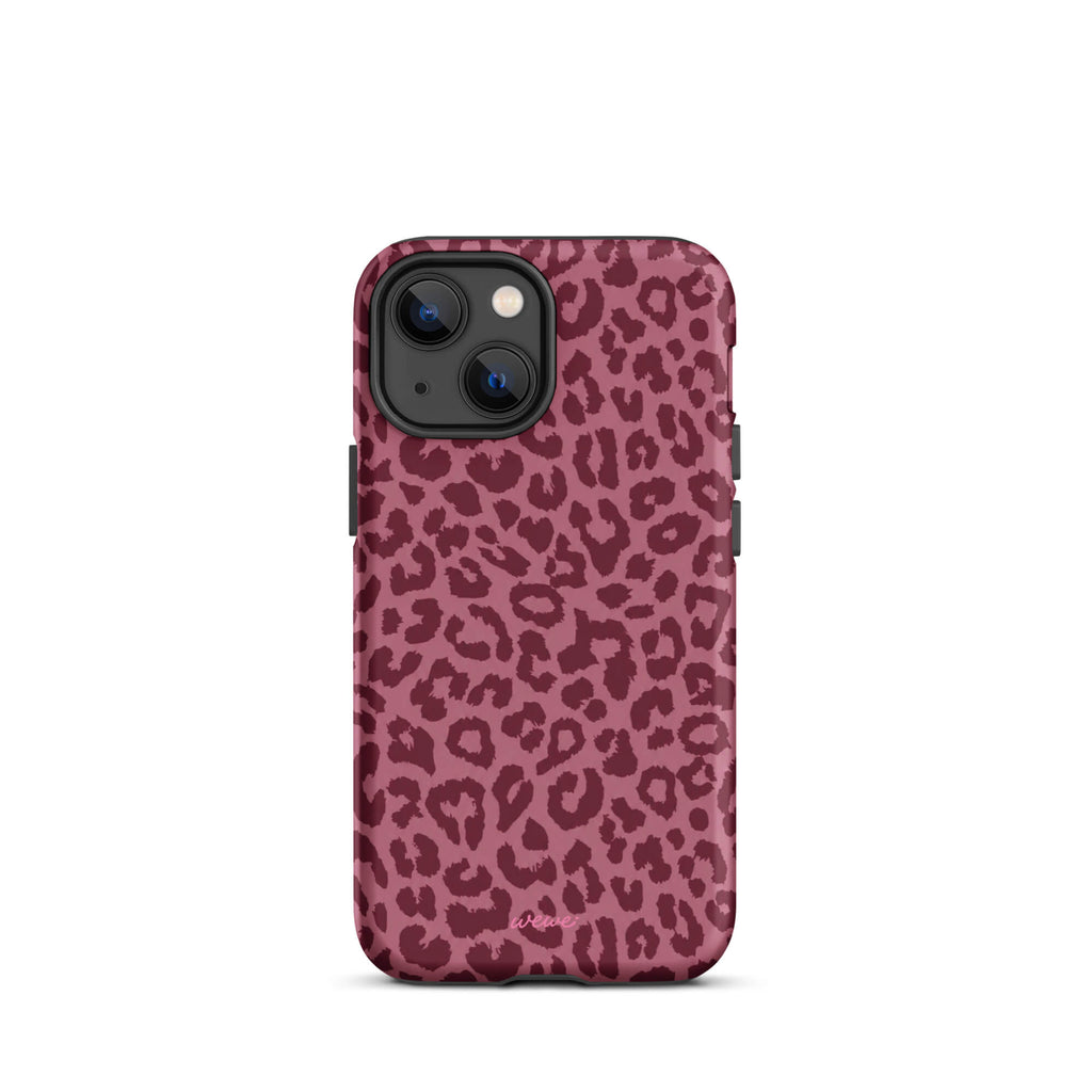 Dusty-rose iPhone case covered with deep-burgundy tonal leopard spots
