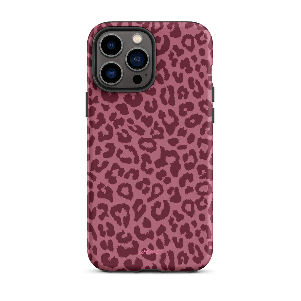Dusty-rose iPhone case covered with deep-burgundy tonal leopard spots