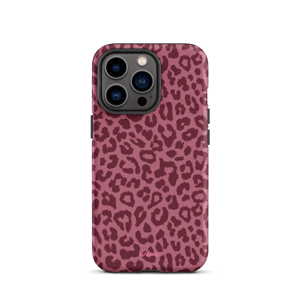 Dusty-rose iPhone case covered with deep-burgundy tonal leopard spots