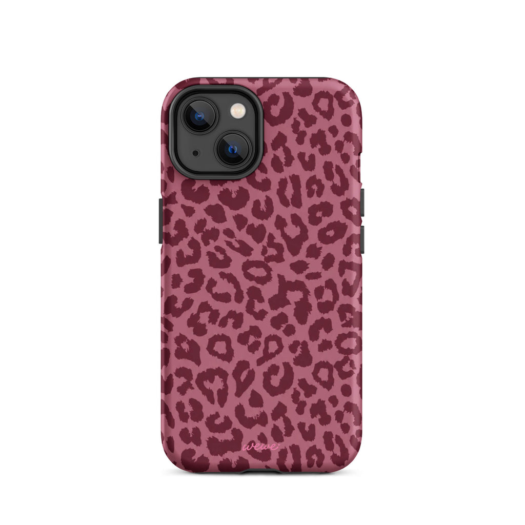 Dusty-rose iPhone case covered with deep-burgundy tonal leopard spots