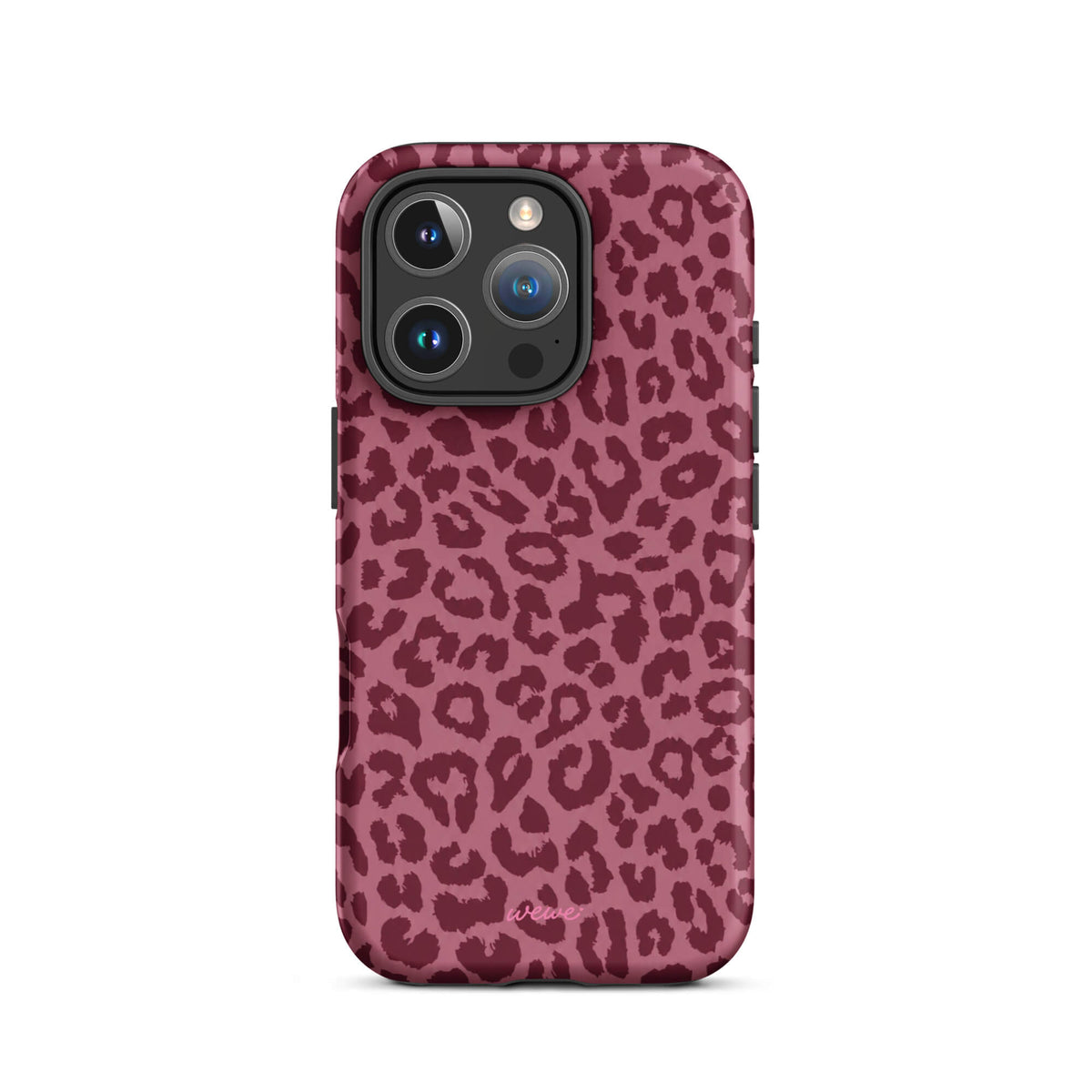 Dusty-rose iPhone case covered with deep-burgundy tonal leopard spots