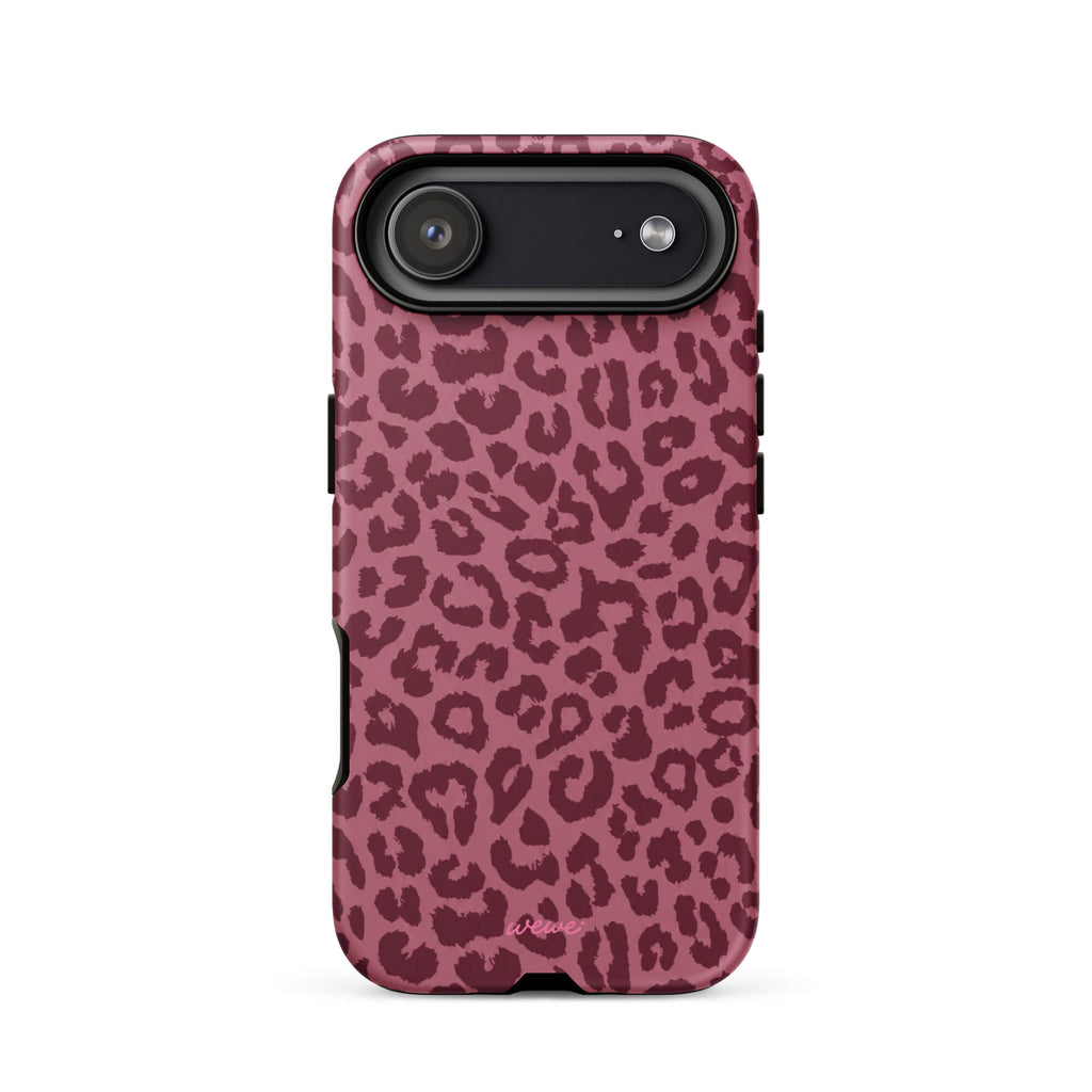 Dusty-rose iPhone case covered with deep-burgundy tonal leopard spots