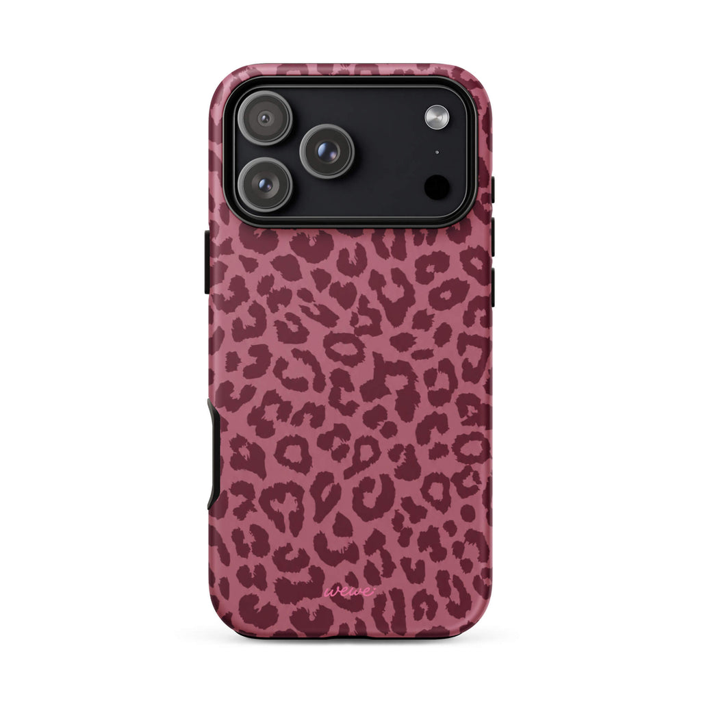 Dusty-rose iPhone case covered with deep-burgundy tonal leopard spots