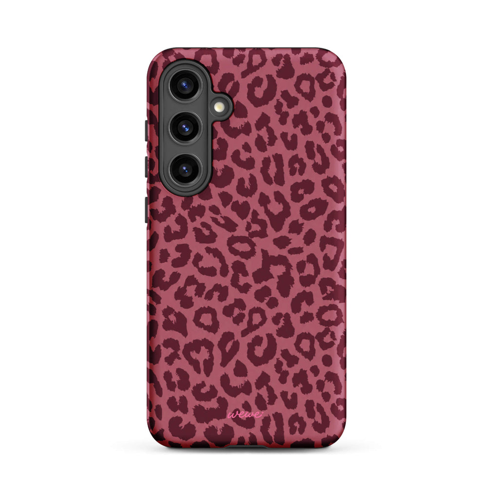 Dusty-rose iPhone case covered with deep-burgundy tonal leopard spots