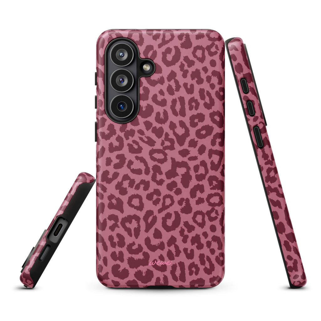Dusty-rose iPhone case covered with deep-burgundy tonal leopard spots