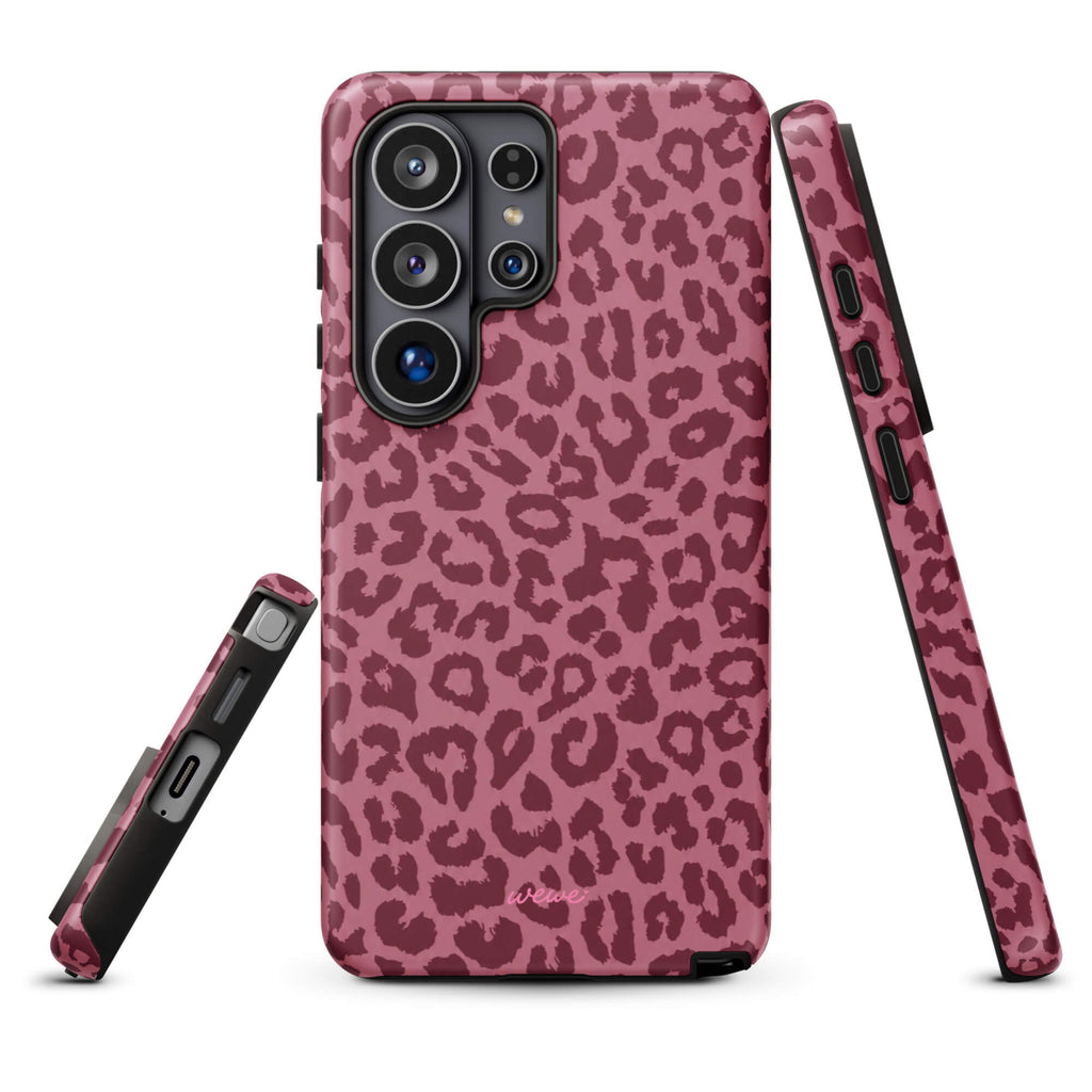 Dusty-rose iPhone case covered with deep-burgundy tonal leopard spots
