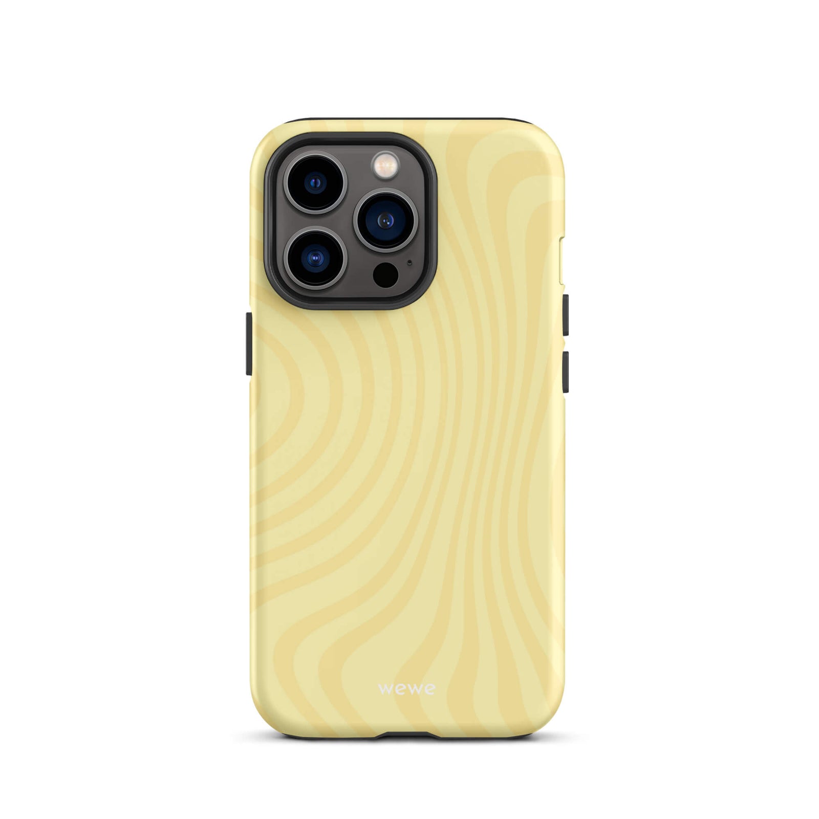Custom iPhone case 13 pro with a butter yellow and beige wavy, swirling pattern.