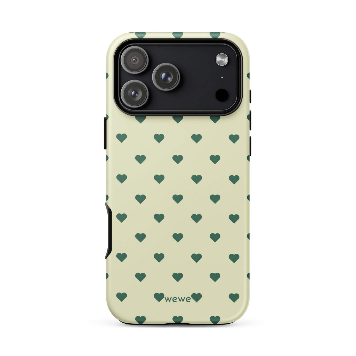 Pale buttercream iPhone case with evenly spaced forest-green mini hearts