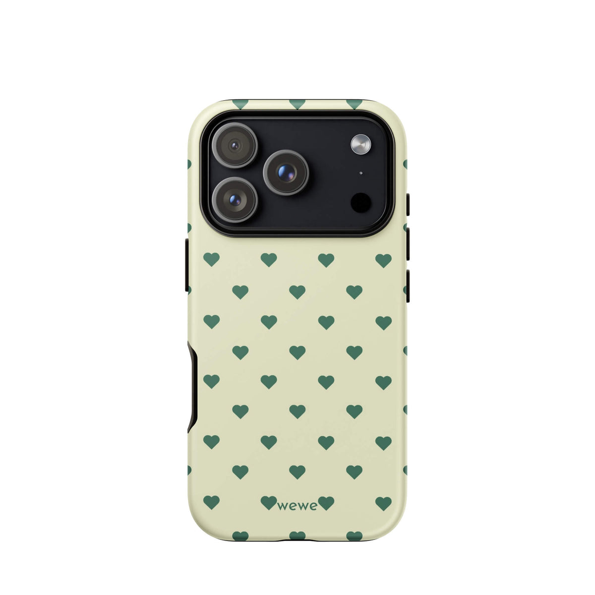 Pale buttercream iPhone case with evenly spaced forest-green mini hearts