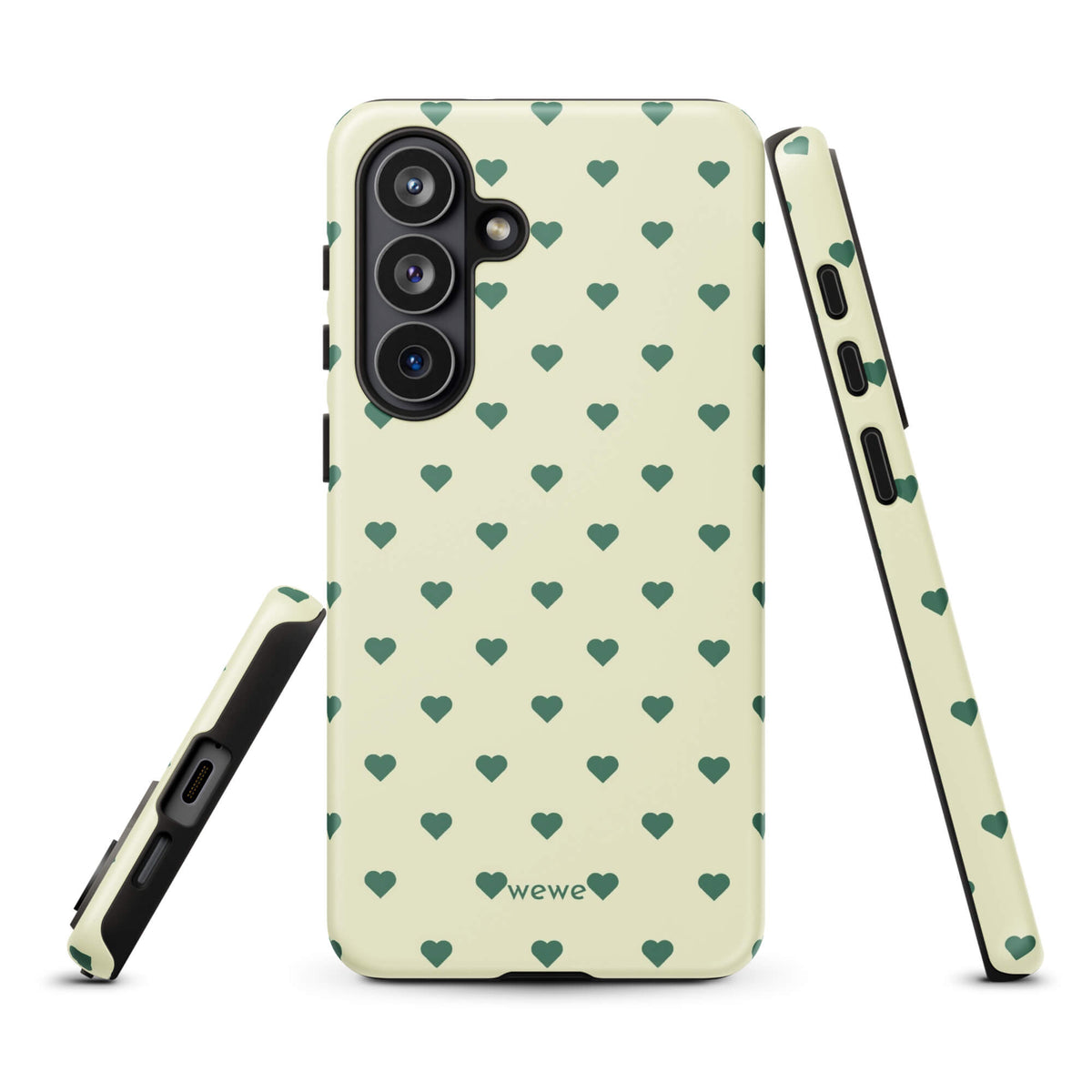 Pale buttercream iPhone case with evenly spaced forest-green mini hearts