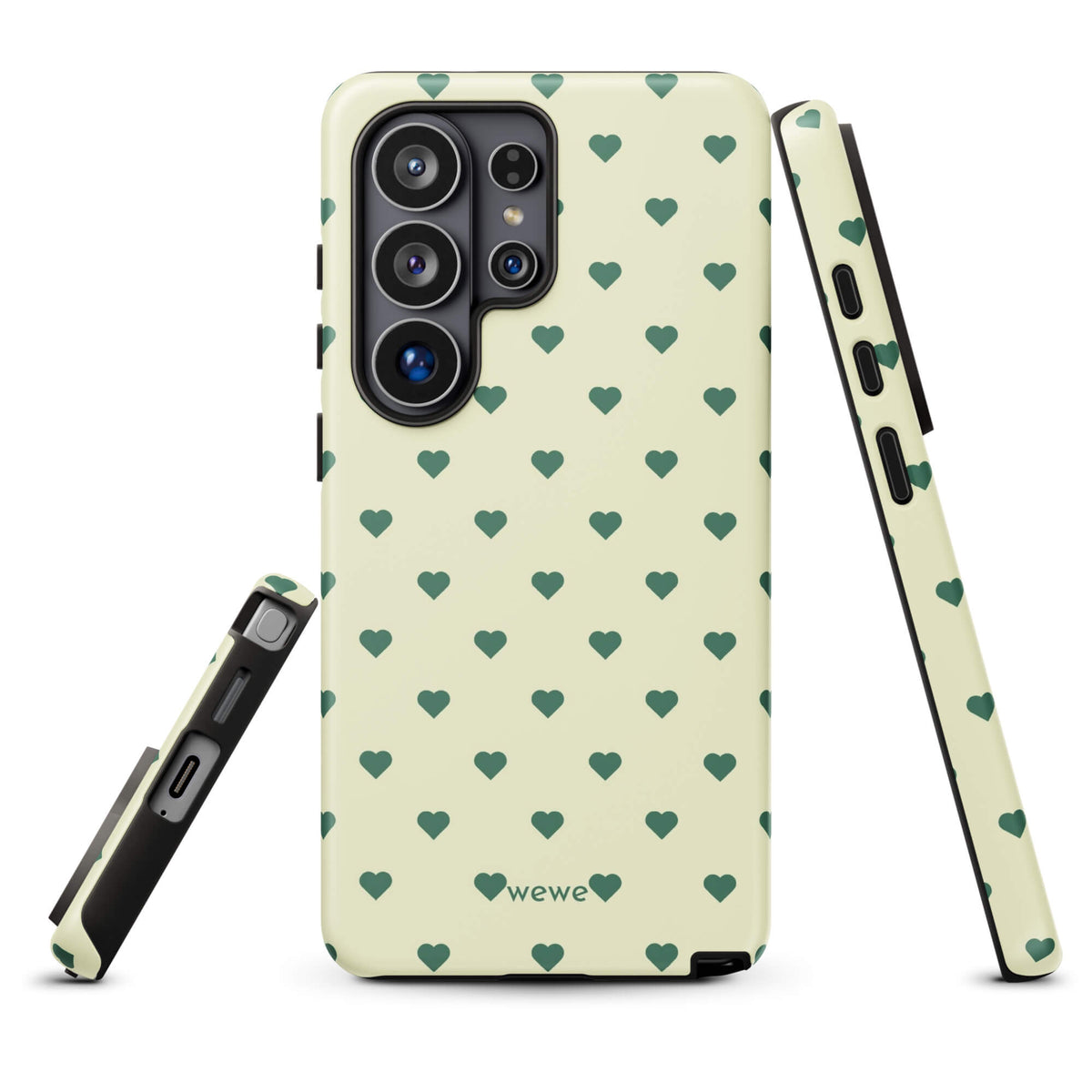 Pale buttercream iPhone case with evenly spaced forest-green mini hearts