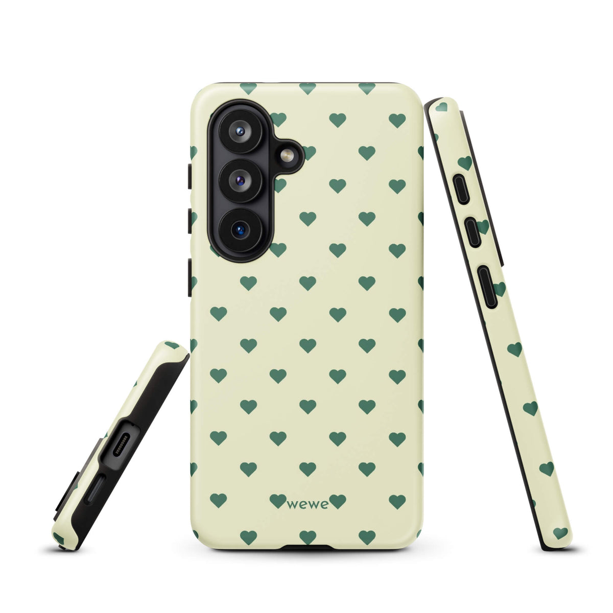 Pale buttercream iPhone case with evenly spaced forest-green mini hearts