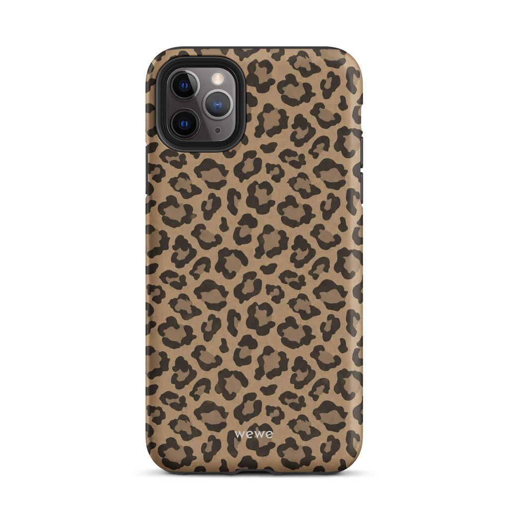Caramel-tan iPhone case covered with an all-over black leopard-spot pattern