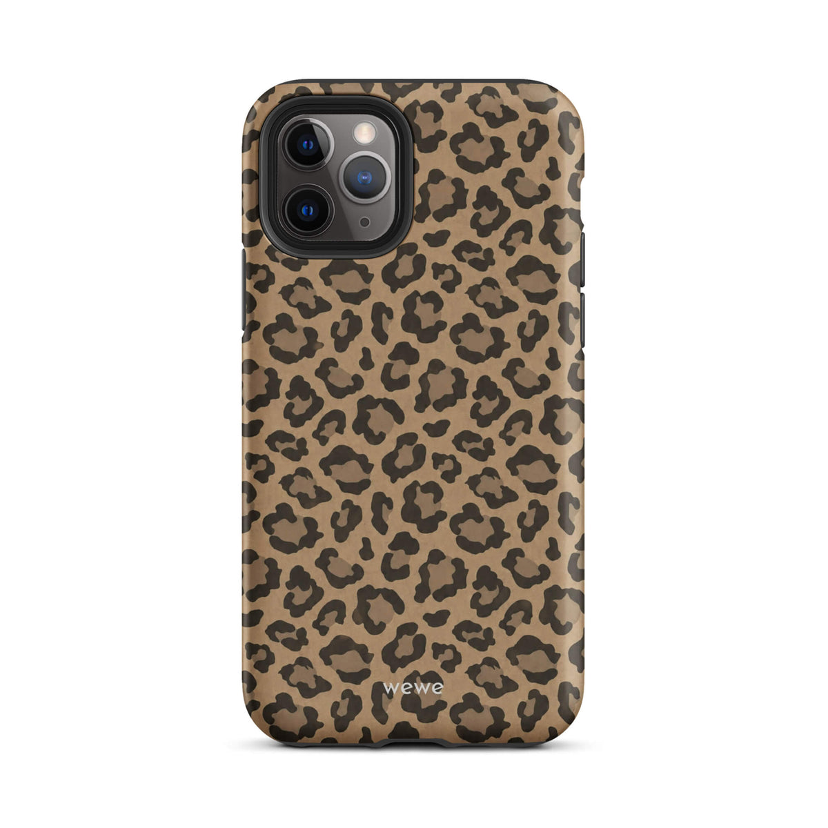 Caramel-tan iPhone case covered with an all-over black leopard-spot pattern