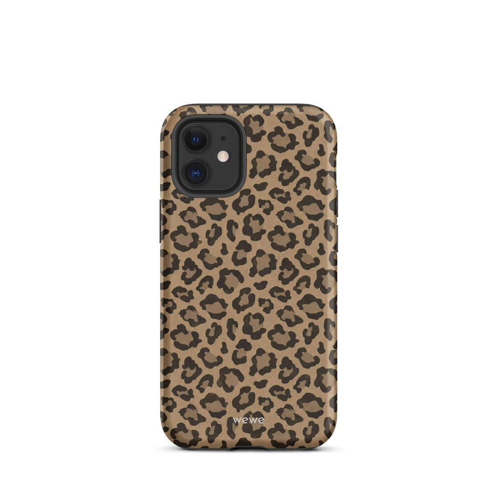 Caramel-tan iPhone case covered with an all-over black leopard-spot pattern