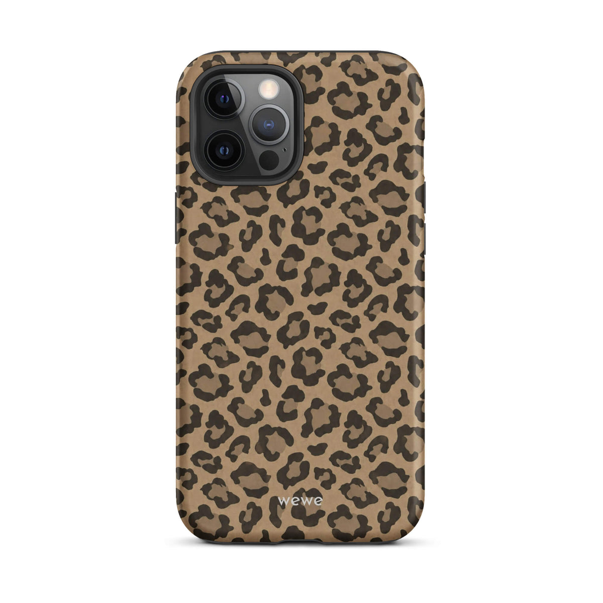 Caramel-tan iPhone case covered with an all-over black leopard-spot pattern