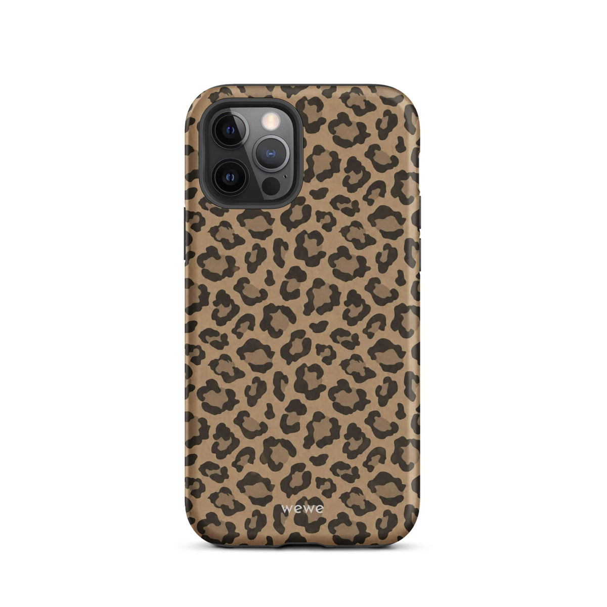 Caramel-tan iPhone case covered with an all-over black leopard-spot pattern