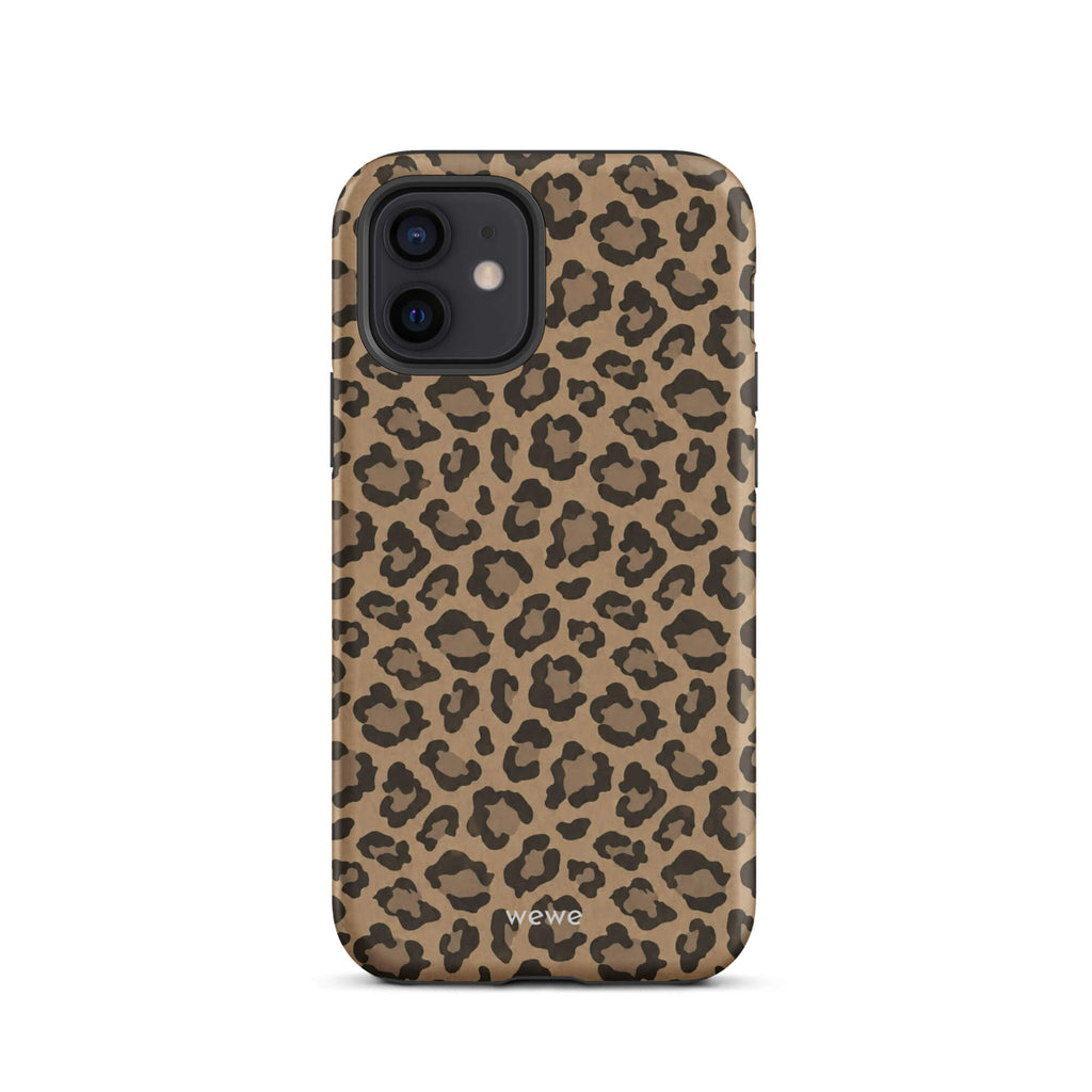 Caramel-tan iPhone case covered with an all-over black leopard-spot pattern