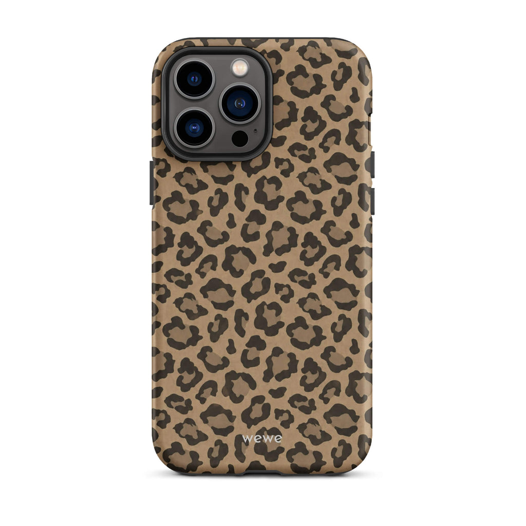 Caramel-tan iPhone case covered with an all-over black leopard-spot pattern