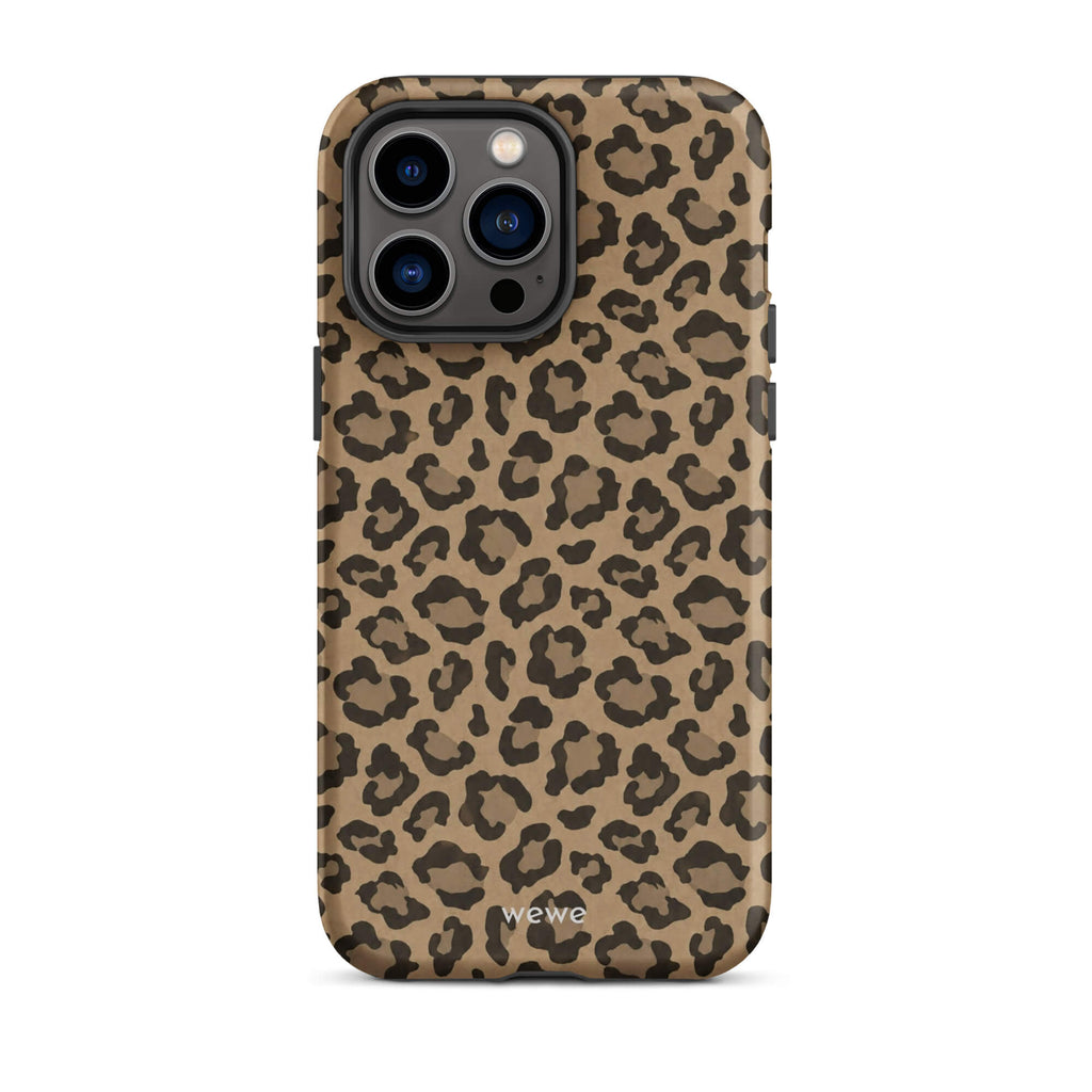 Caramel-tan iPhone case covered with an all-over black leopard-spot pattern