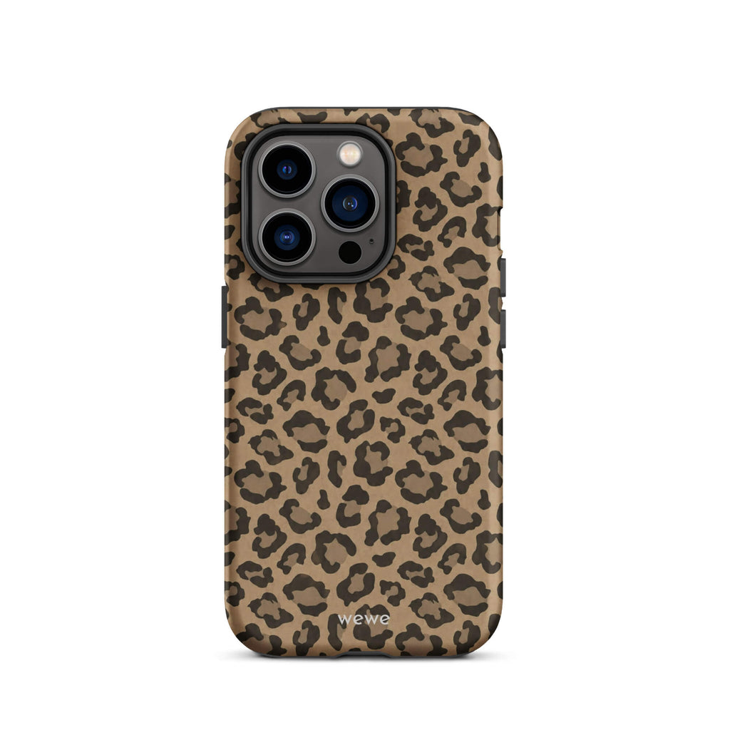 Caramel-tan iPhone case covered with an all-over black leopard-spot pattern