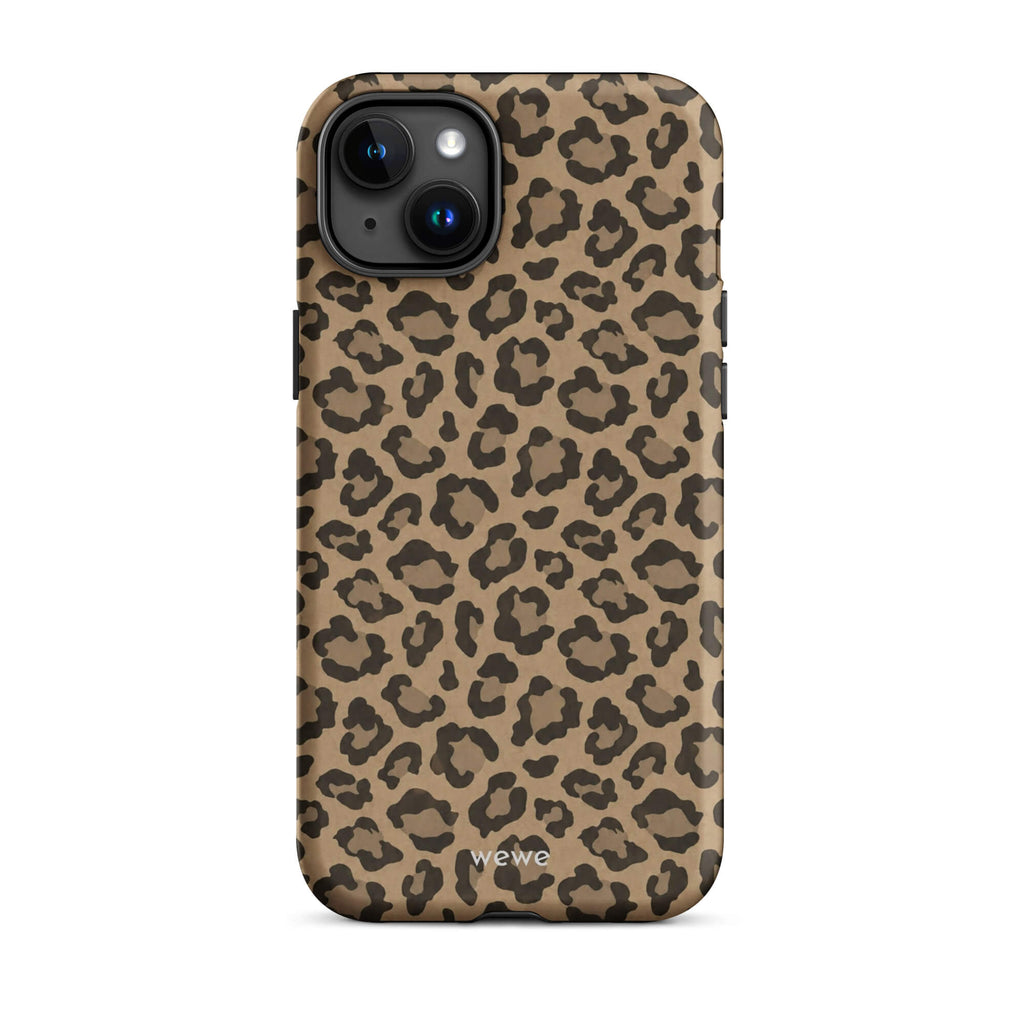 Caramel-tan iPhone case covered with an all-over black leopard-spot pattern