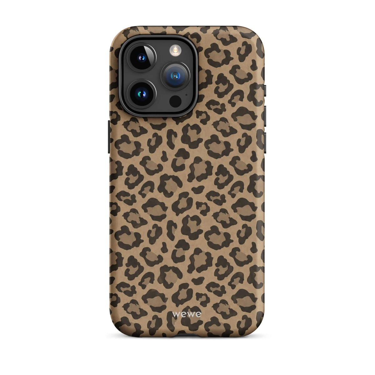 Caramel-tan iPhone case covered with an all-over black leopard-spot pattern