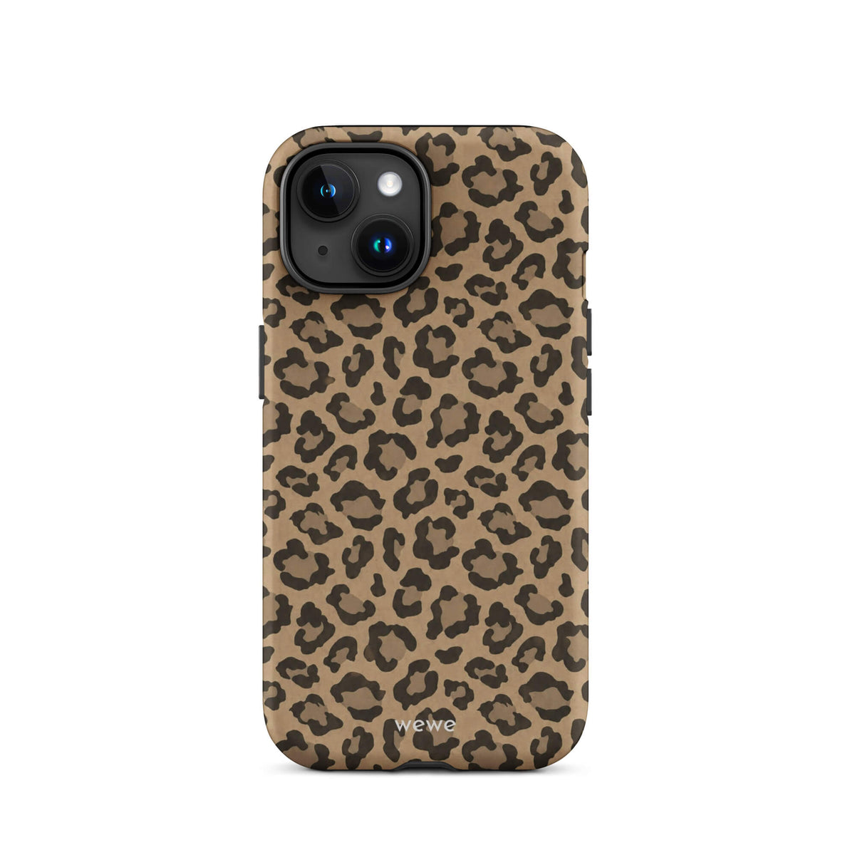 Caramel-tan iPhone case covered with an all-over black leopard-spot pattern