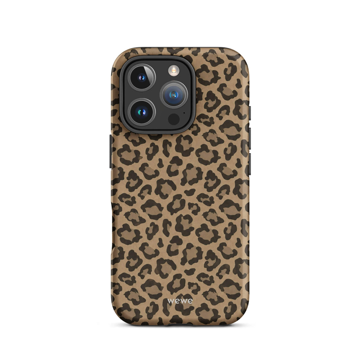 Caramel-tan iPhone case covered with an all-over black leopard-spot pattern