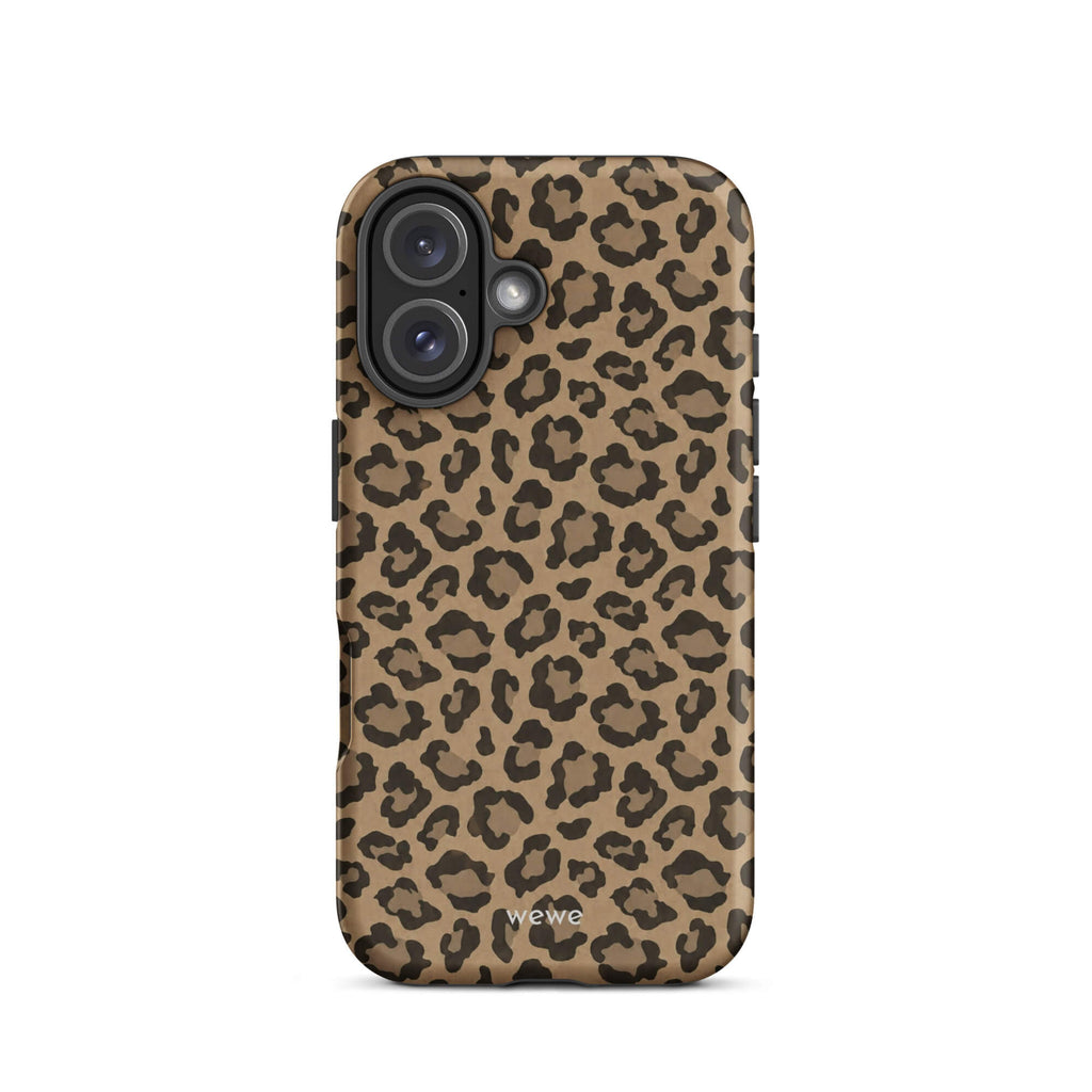 Caramel-tan iPhone case covered with an all-over black leopard-spot pattern