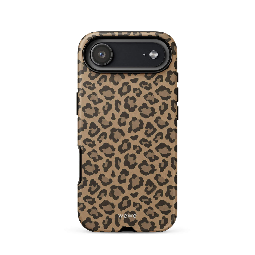 Caramel-tan iPhone case covered with an all-over black leopard-spot pattern