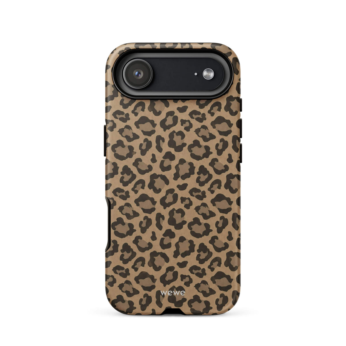 Caramel-tan iPhone case covered with an all-over black leopard-spot pattern
