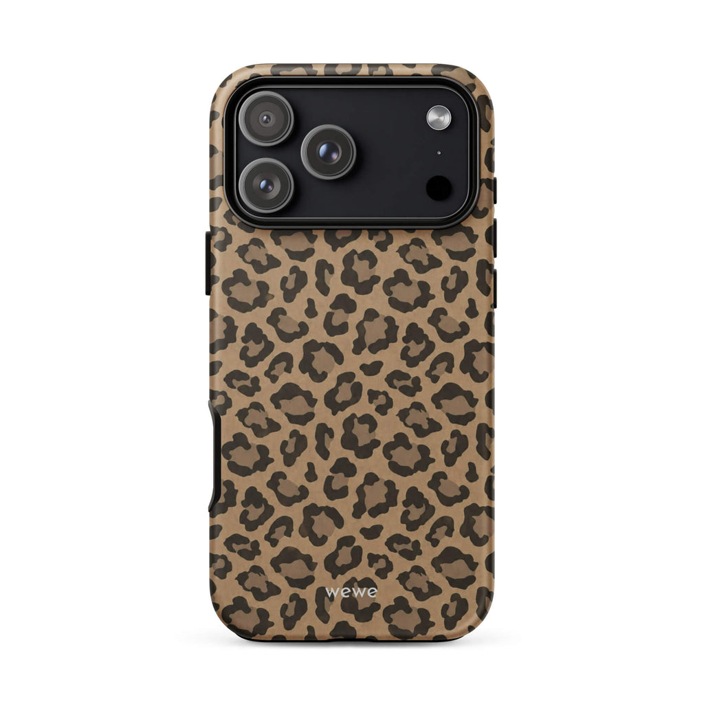 Caramel-tan iPhone case covered with an all-over black leopard-spot pattern