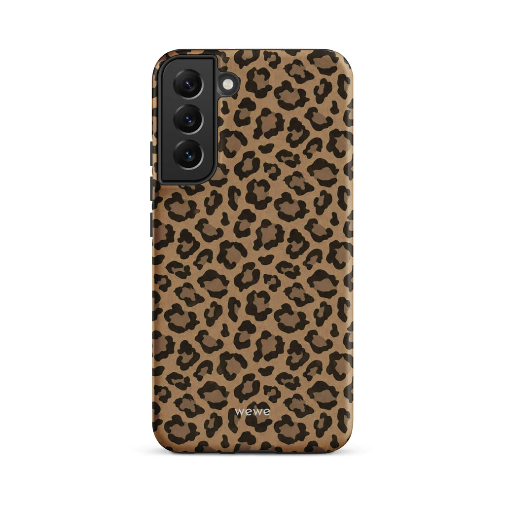 Caramel-tan iPhone case covered with an all-over black leopard-spot pattern