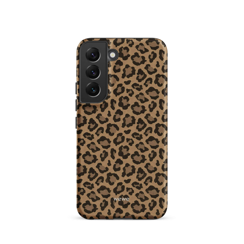 Caramel-tan iPhone case covered with an all-over black leopard-spot pattern