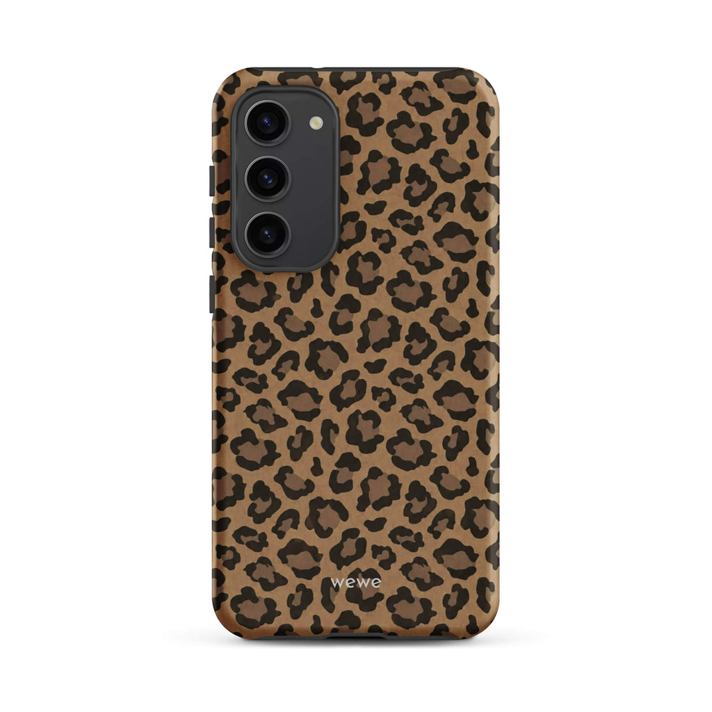 Caramel-tan iPhone case covered with an all-over black leopard-spot pattern