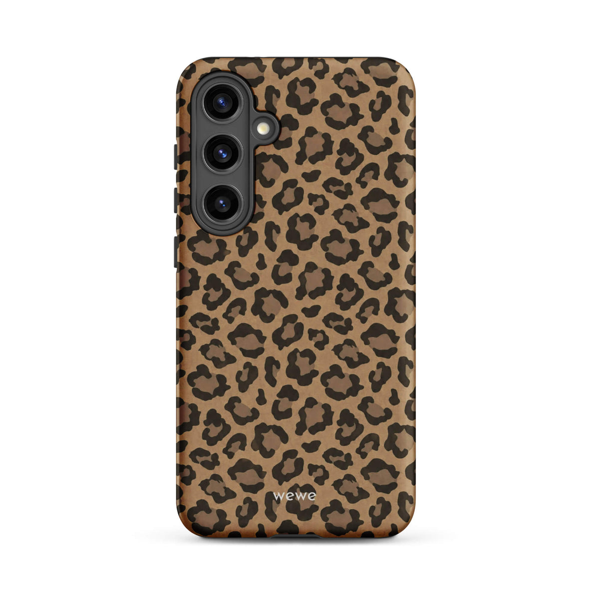 Caramel-tan iPhone case covered with an all-over black leopard-spot pattern