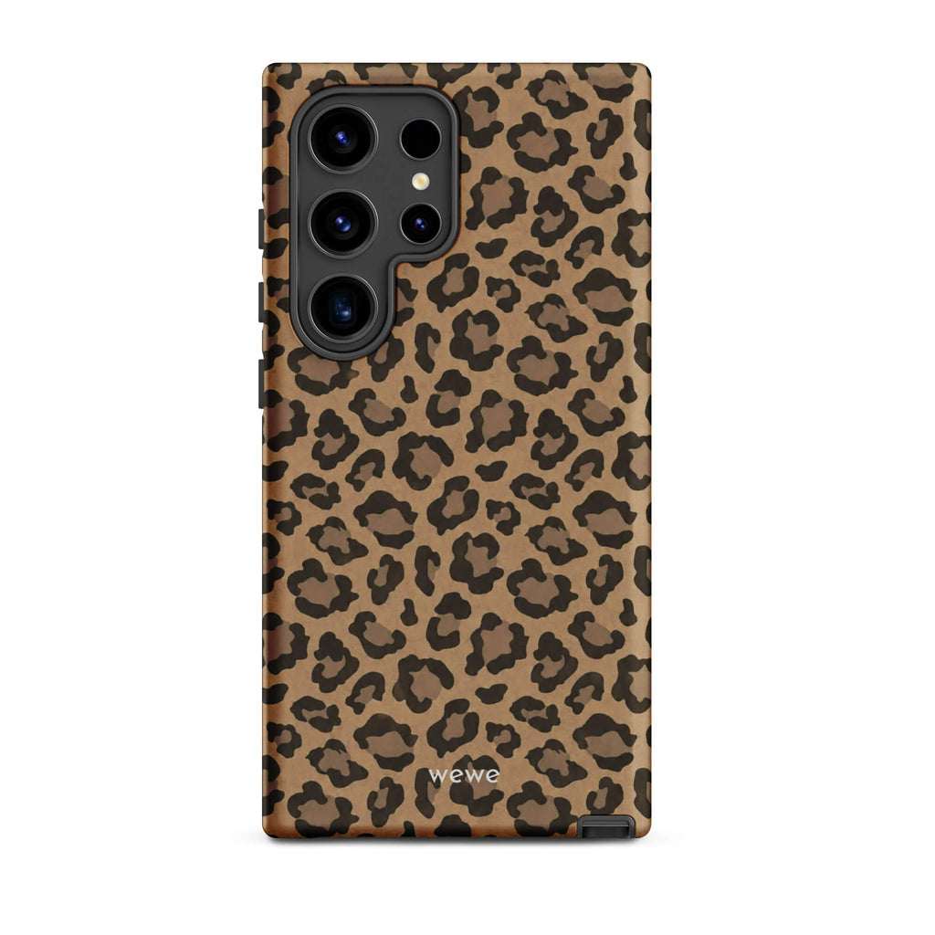 Caramel-tan iPhone case covered with an all-over black leopard-spot pattern