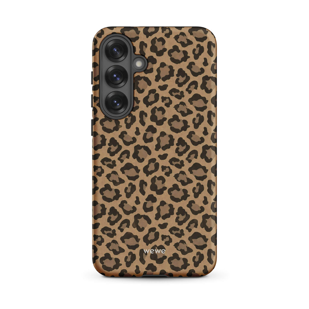 Caramel-tan iPhone case covered with an all-over black leopard-spot pattern