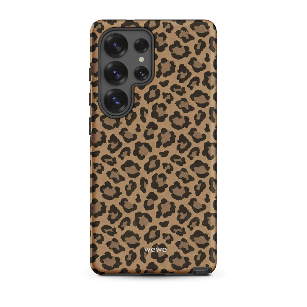 Caramel-tan iPhone case covered with an all-over black leopard-spot pattern