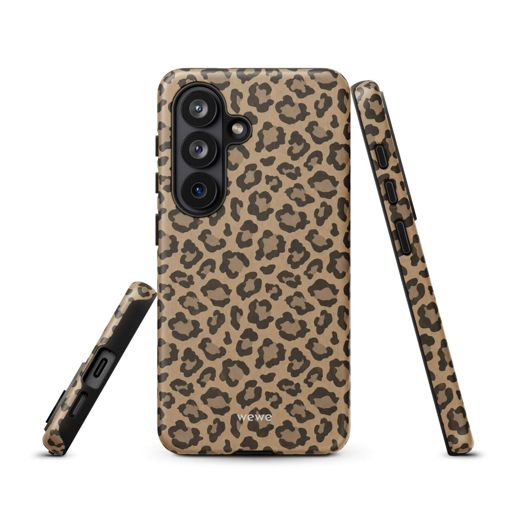 Caramel-tan iPhone case covered with an all-over black leopard-spot pattern