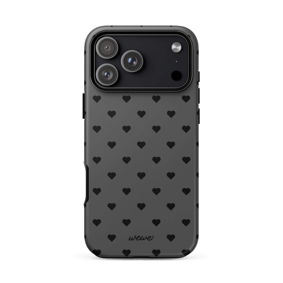 Charcoal-gray iPhone case with evenly spaced black mini hearts