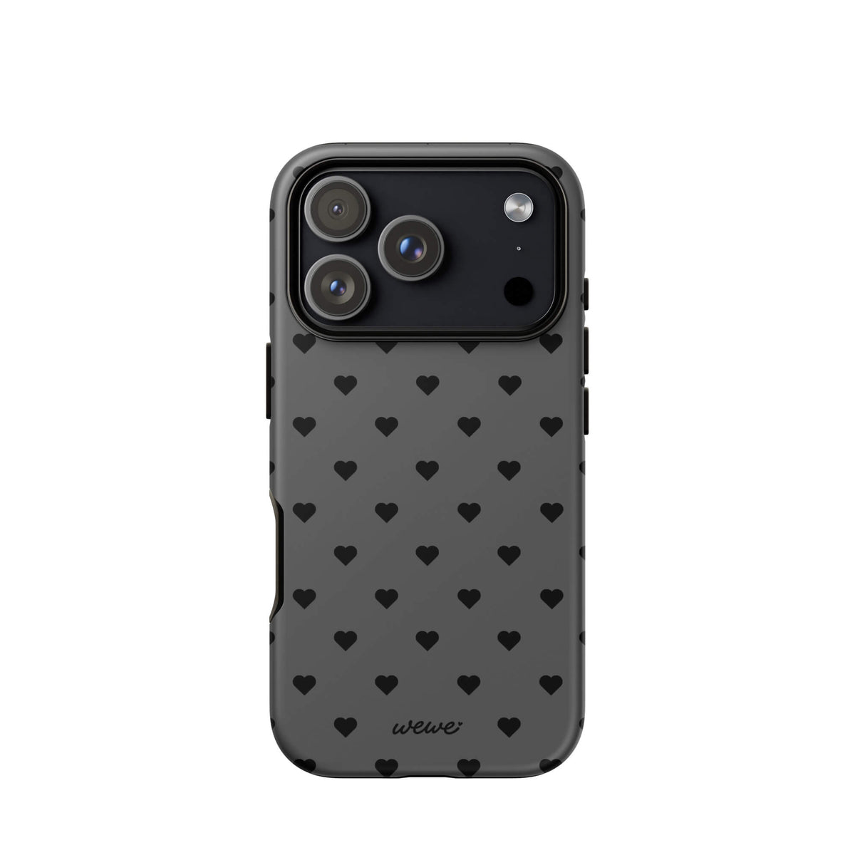 Charcoal-gray iPhone case with evenly spaced black mini hearts