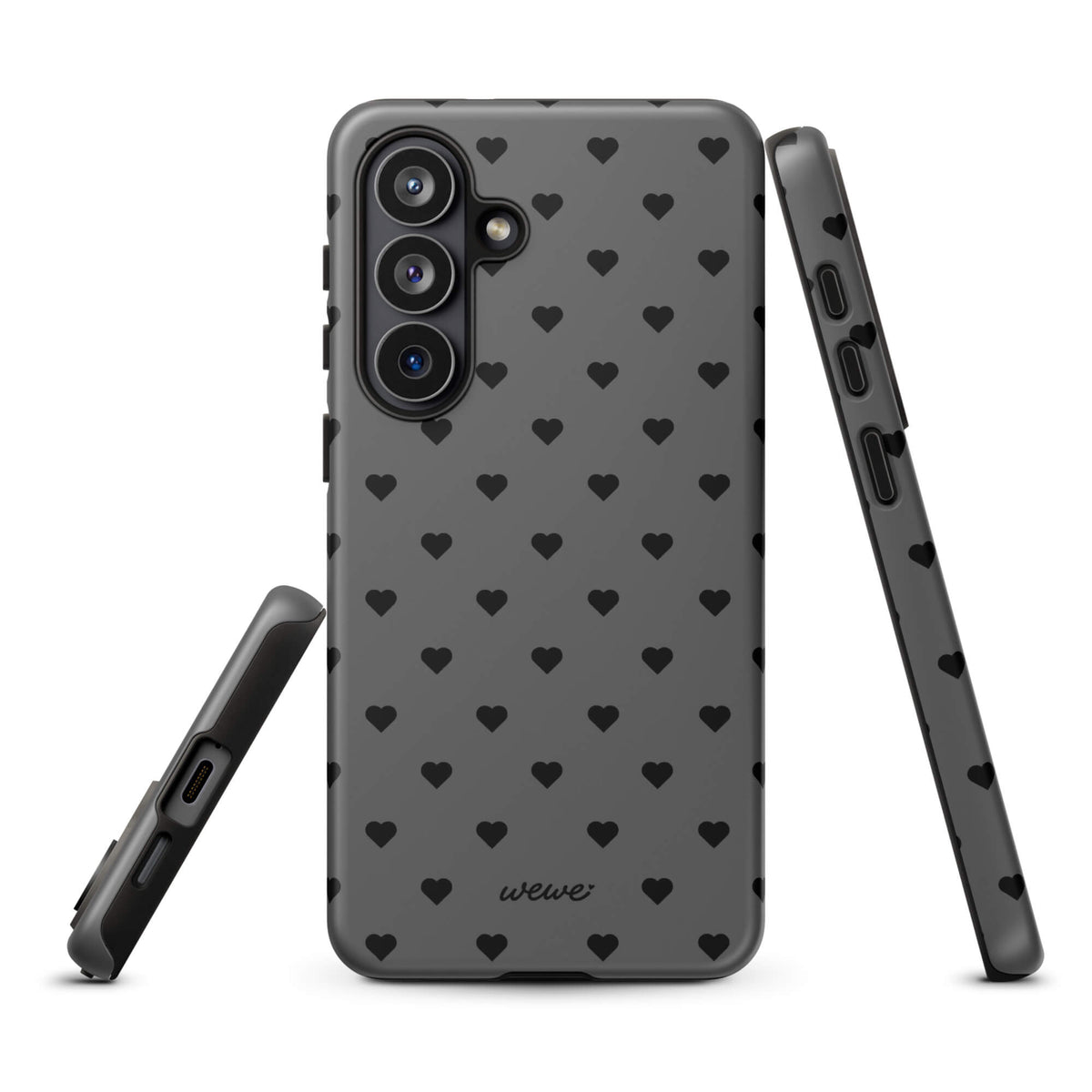 Charcoal-gray iPhone case with evenly spaced black mini hearts