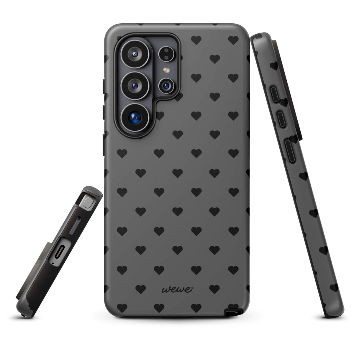 Charcoal-gray iPhone case with evenly spaced black mini hearts