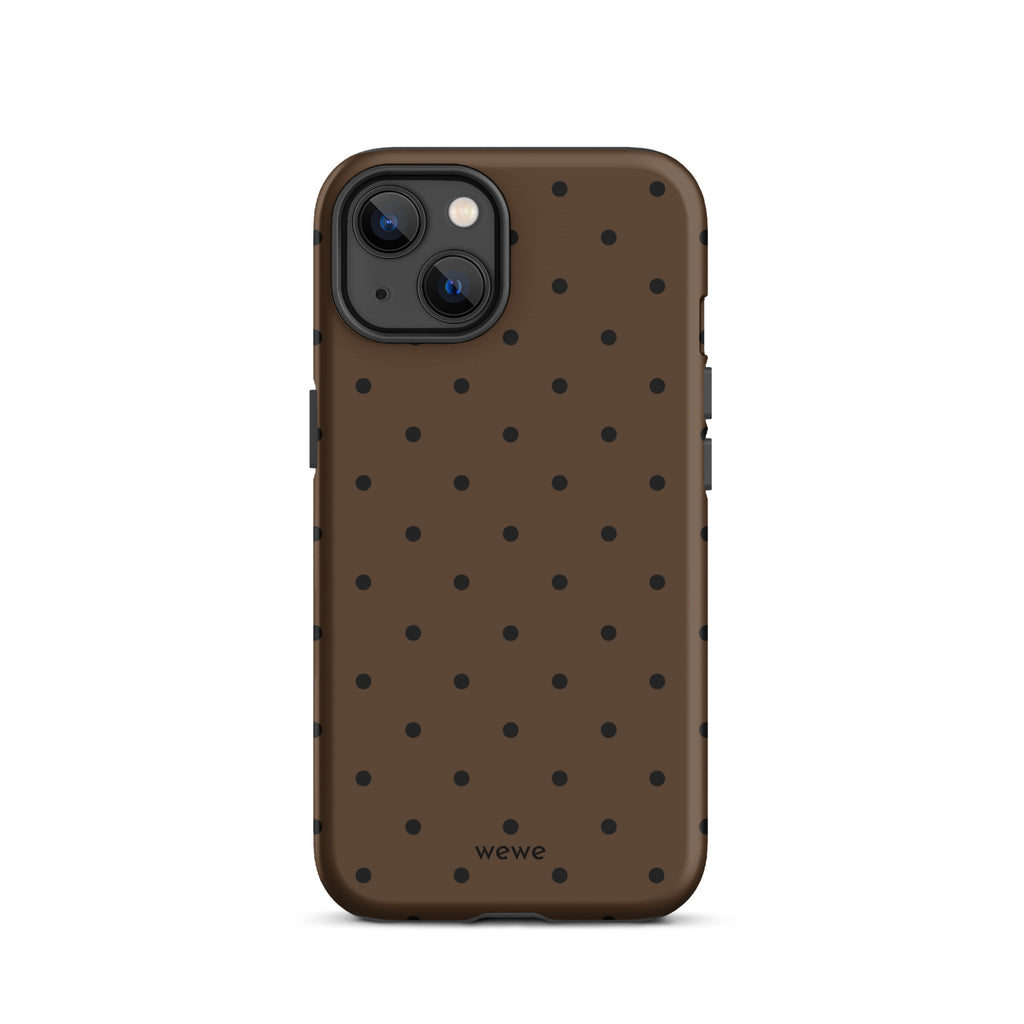 Chocolate brown iPhone case with evenly spaced black mini polka dots