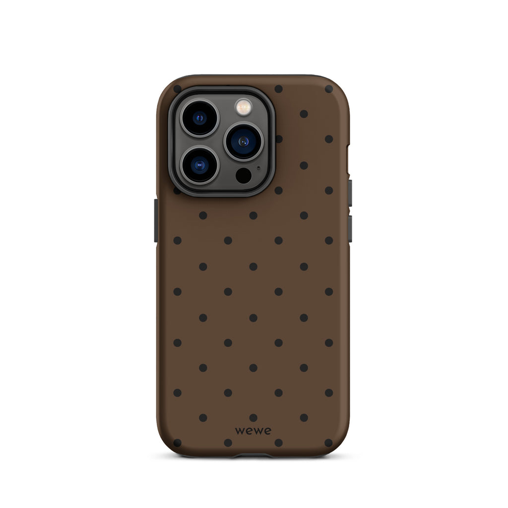 Chocolate brown iPhone case with evenly spaced black mini polka dots